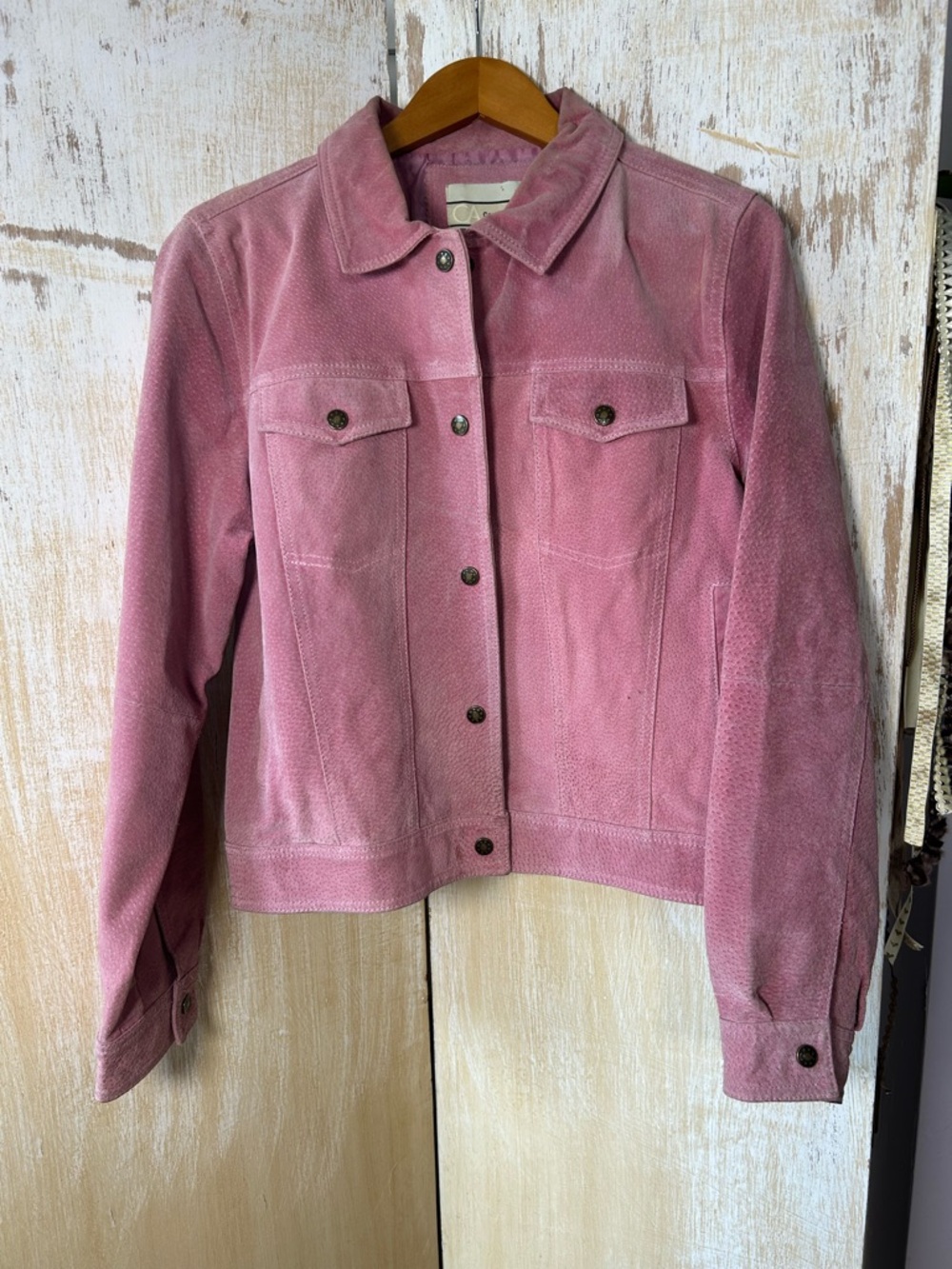 Vintage Carrie Allen Pink Suede Leather Trucker Jacket - Size Large